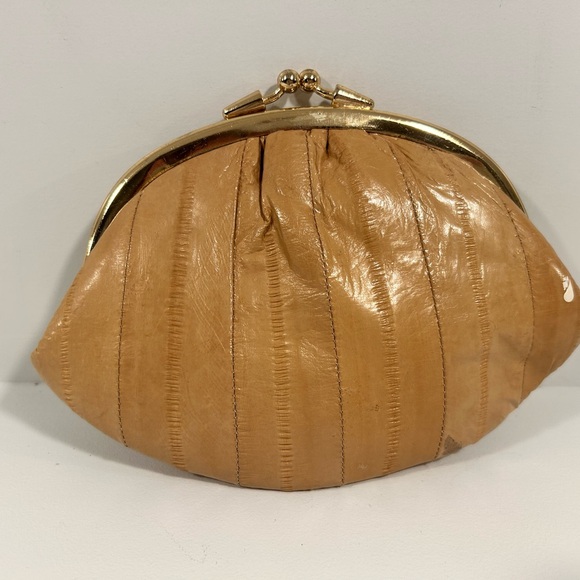 Handbags - Vintage Genuine Eel Skin Coin Purse Kiss Lock Clutch Tan Eel Leather Made Korea